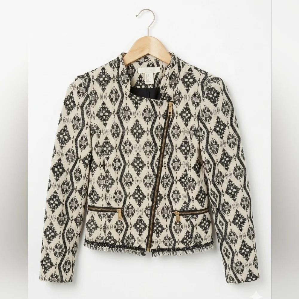 H&M Geometric Jacquard Moto Jacket - Black & White - Gold Hardware - 4 - Picture 1 of 10